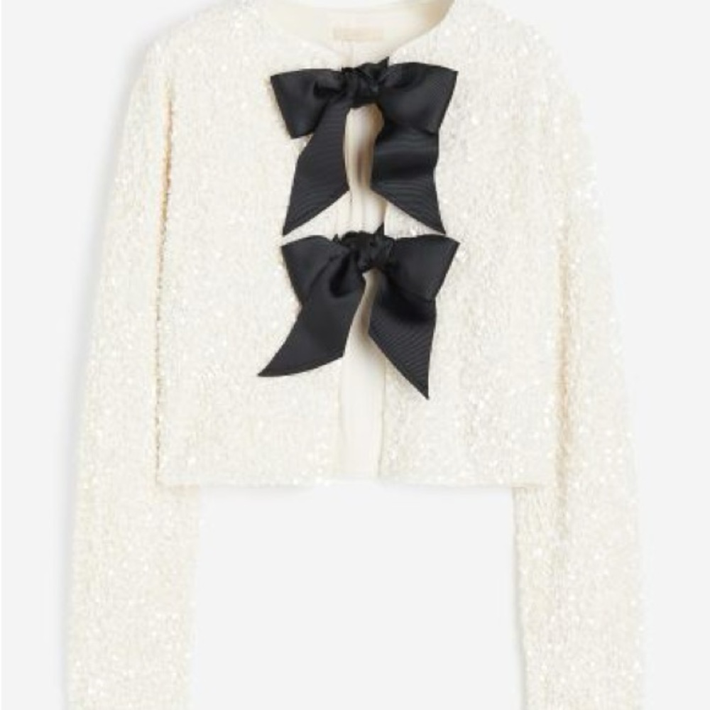H&M Tie-front Sequined Jacket sparkly white with black ribbons XS